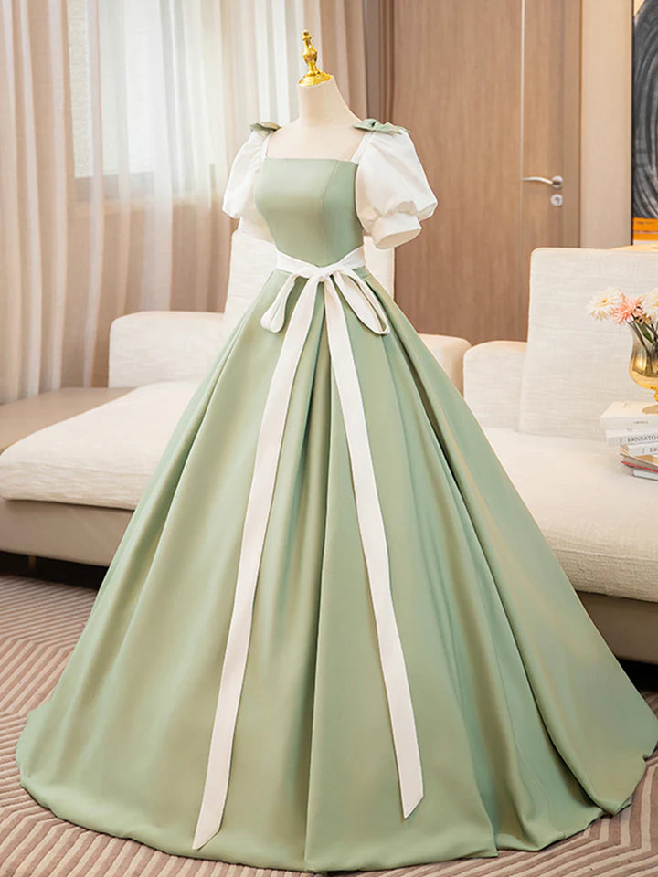 Luolandi and Green Satin Long Prom Dress A-Line Short Sleeve Evening Party Dress Beautiful