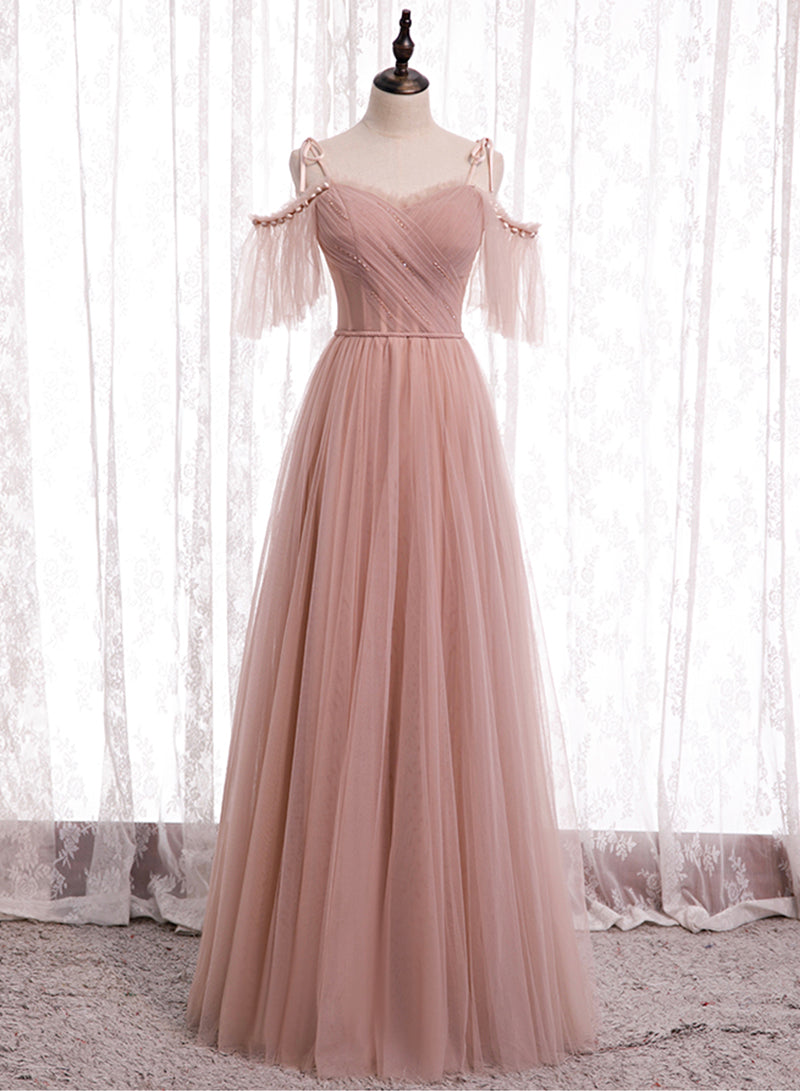 Luolandi Pink Tulle Long Prom Dresses A-Line Evening Party Dresses Elegant Bridesmaid Dresses