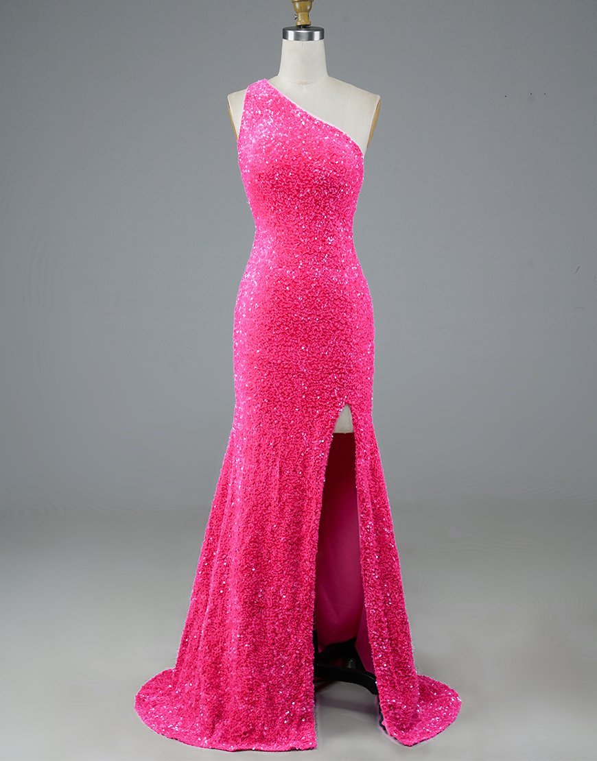 Luolandi Pink Mermaid Glitter One-Shoulder Backless Prom Dress With Sequins