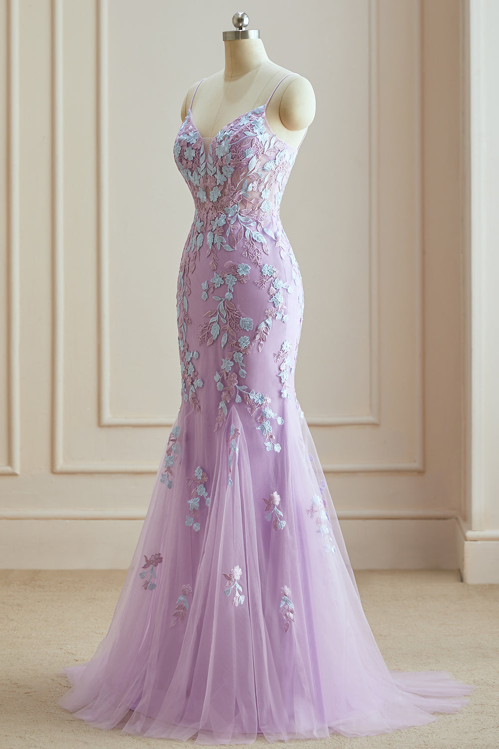 Luolandi Charming Mermaid Spaghetti Straps Lace Prom Dresses With Appliques Long Evening Gown Beautiful