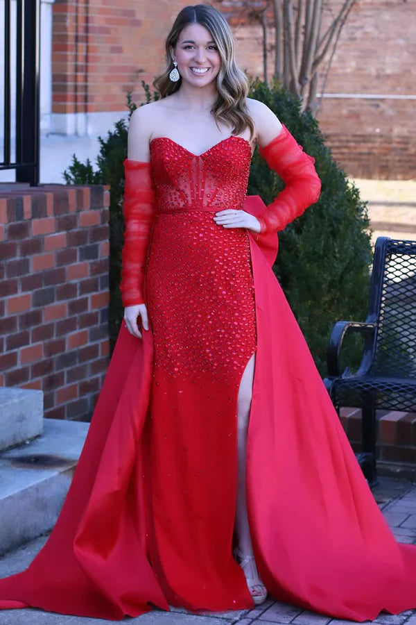 Luolandi Mermaid Strapless Red Beaded Long Prom Dresses with Bow Off Shoulder Evening Dress