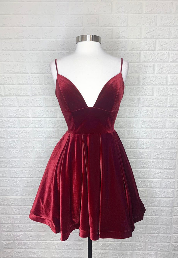 Luolandi Burgundy V-Neck Velvet Short Prom Dresses A-Line Party Dresses Homecoming Dress