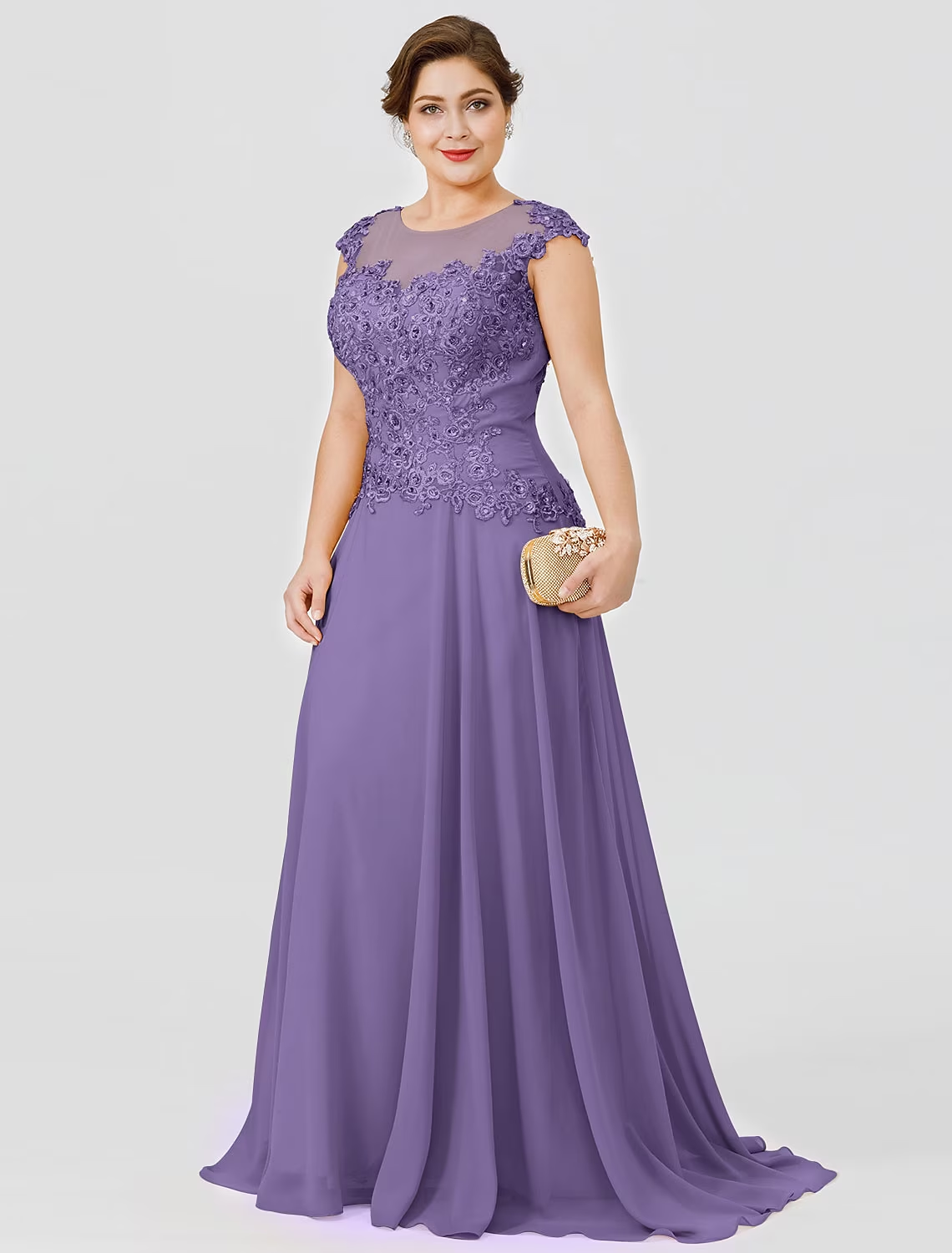 Luolandi A-Line Mother of the Bride Dress Plus Size Elegant Illusion Neck Sweep / Brush Train Chiffon Beaded Wedding Guest Dress