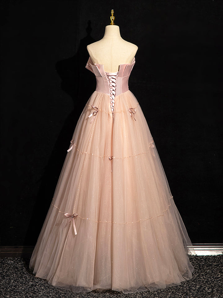 Luolandi Pink Strapless Satin Tulle Long Prom Dress with Bow Beautiful A-Line Formal Party Dress Off Shoulder
