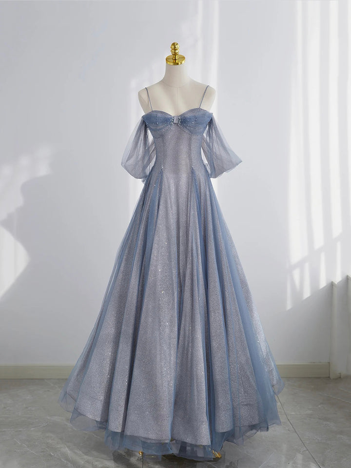 Luolandi Tulle Long Prom Dress A-Line Off the Shoulder Blue Evening Party Dress Sparkly