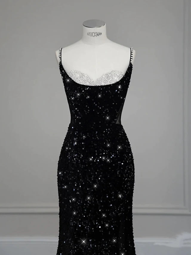 Luolandi Mermaid / Trumpet Evening Gown Sexy Long Dress Formal Floor Length Sleeveless Spaghetti Strap Sequined with Bow(s) Crystals Sequin