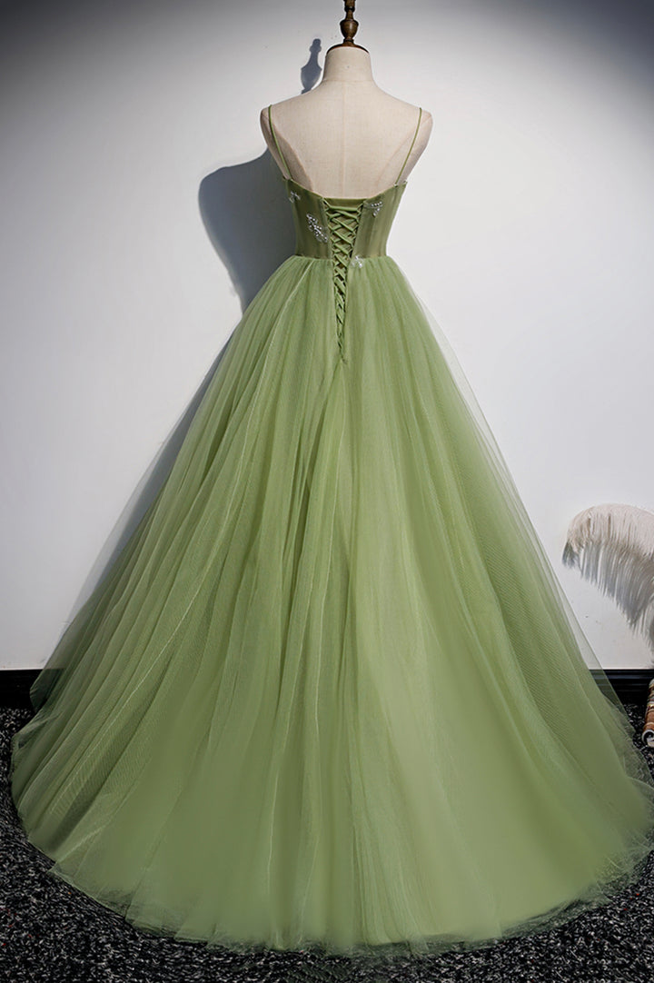Luolandi Green Tulle Long A-Line Prom Dresses Green Spaghetti Straps Evening Dresses Beautiful