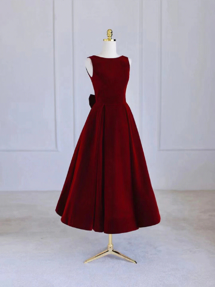 Luolandi Burgundy Tea Length Velvet Prom Dress with Bowknot Burgundy Evening Party Dress Beautiful