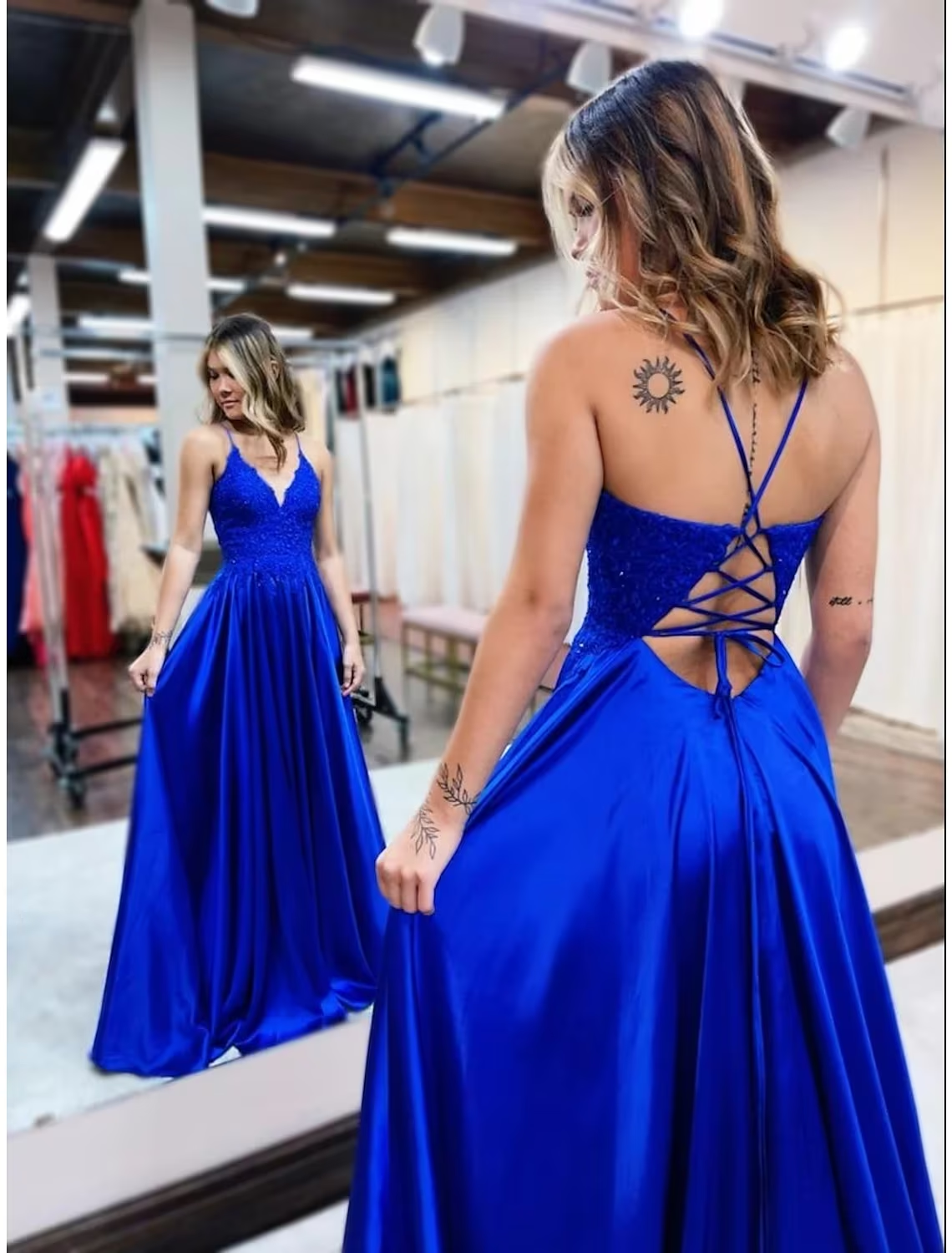 Luolandi A-Line Long Prom Dresses Empire Dress Formal Court Train Sleeveless V Neck Satin Backless with Beading Appliques