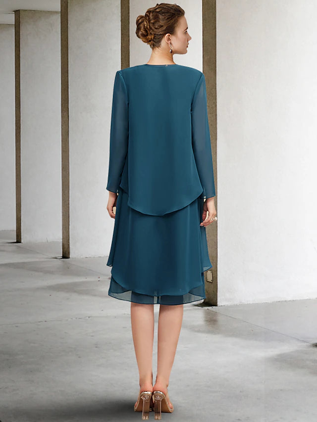 Luolandi Two Piece Sheath / Column Mother of the Bride Dress Church Vintage Elegant V Neck Knee Length Chiffon Sleeveless Wrap Included Jacket Dresses