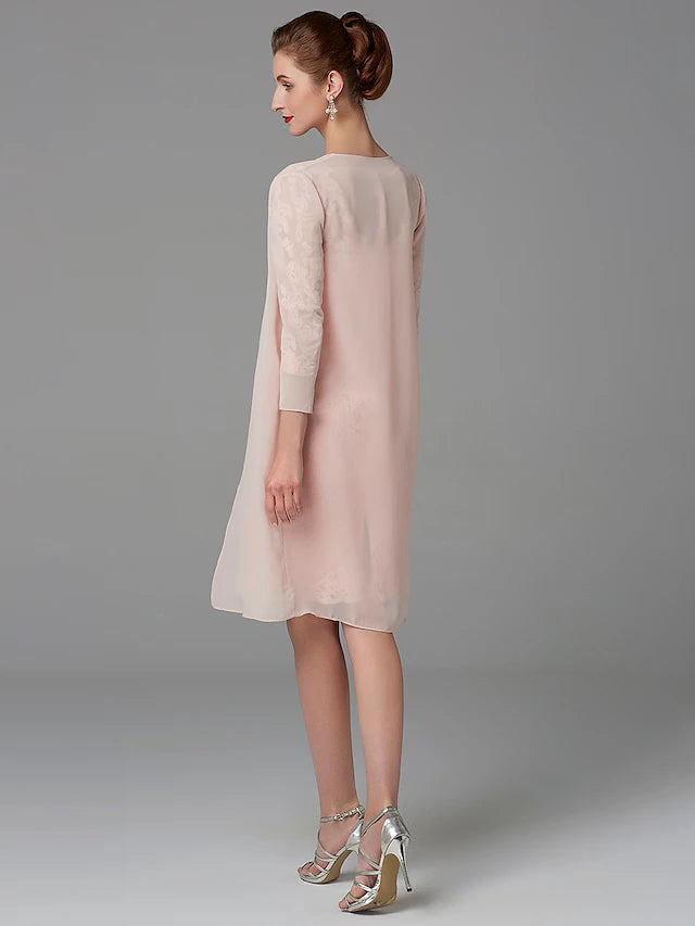 Luolandi Two Piece Sheath / Column Mother of the Bride Dress Church Sparkle & Shine Jewel Neck Knee Length Chiffon Lace 3/4 Length Sleeve Jacket Dresses with Beading