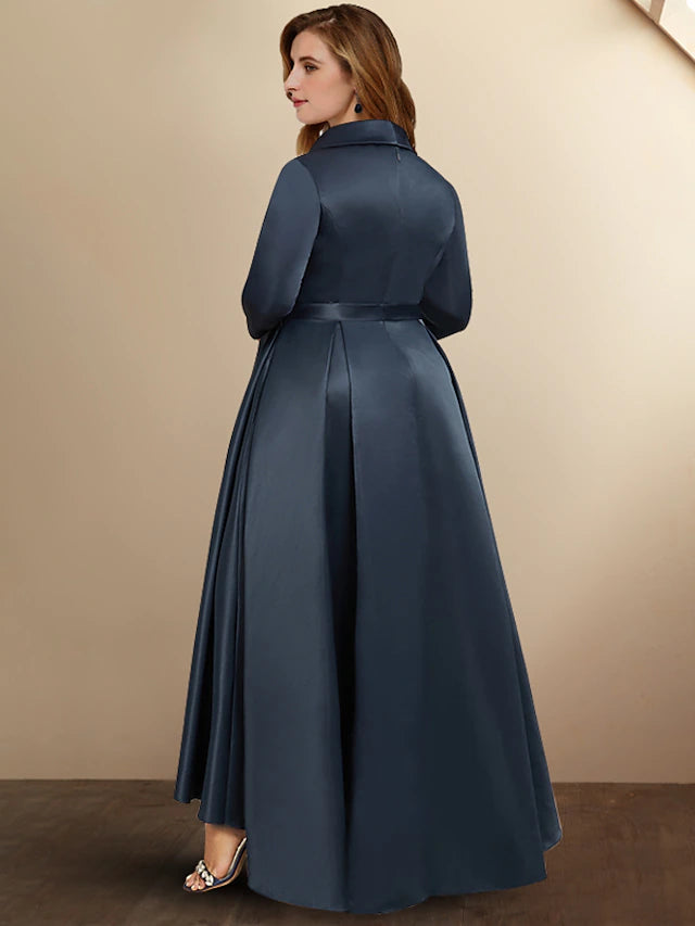 Luolandi A-Line Plus Size Curve Mother of the Bride Dresses High Low Dress Formal Asymmetrical 3/4 Length Sleeve Shirt Collar Satin with Bow(s)
