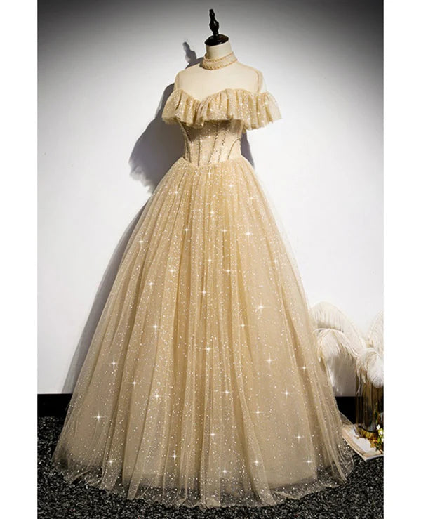 Luolandi Sparkling Champagne Perspective High Neck Beaded Short sleeved Ball Dress A-line/Princess Sparkling sheer backless strap and floor length ruffled edge evening dress