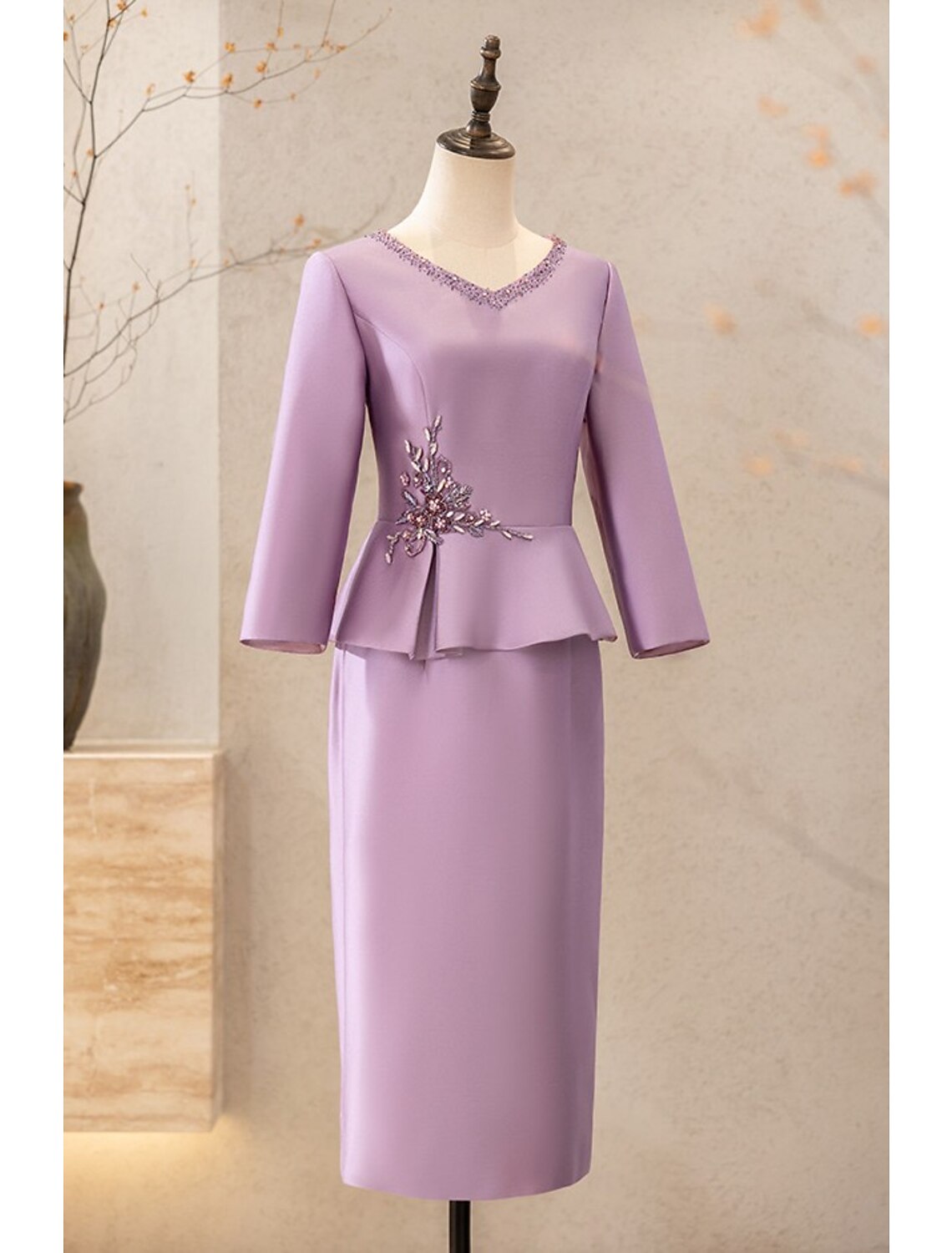 Luolandi Two Piece Cocktail Dresses Elegant Dress Wedding Party Tea Length Long Sleeve V Neck Satin