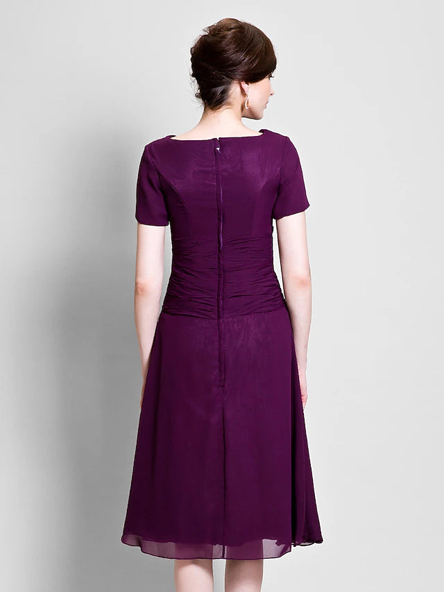 Luolandi A-Line Mother of the Bride Dress Cowl Neck Tea Length Chiffon Short Sleeve with Ruched Side