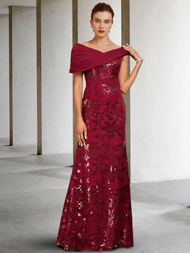 Luolandi A-Line Mother of the Bride Dress Elegant Sparkle & Shine V Neck Floor Length Lace Fabric Short Sleeve with Appliques