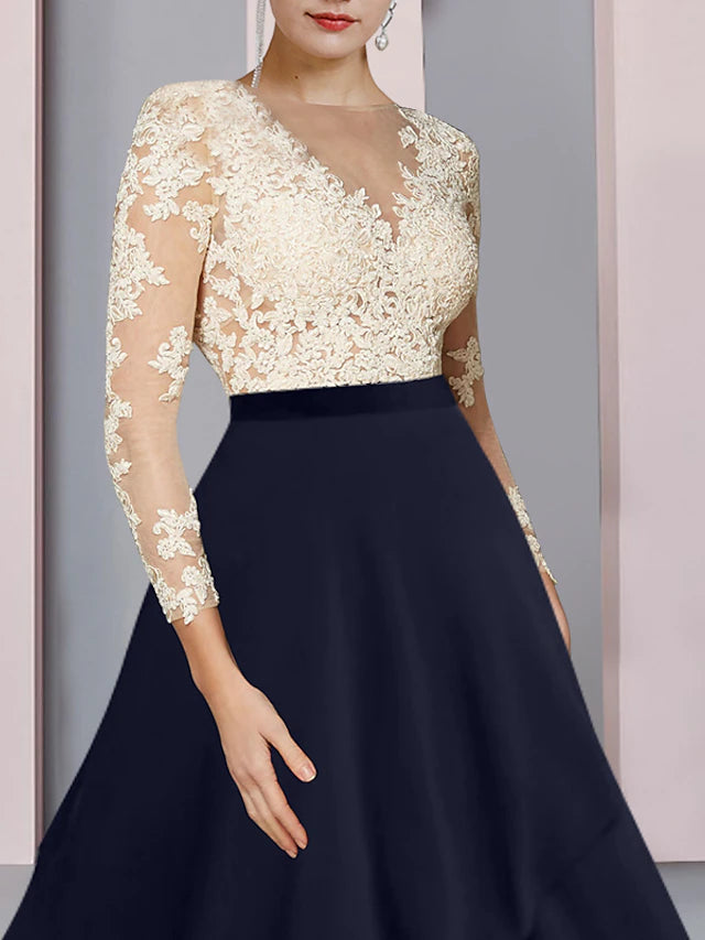 Luolandi Sheath / Column Mother of the Bride Dress Wedding Guest Party Elegant V Neck Asymmetrical Chiffon Lace Long Sleeve with Pleats