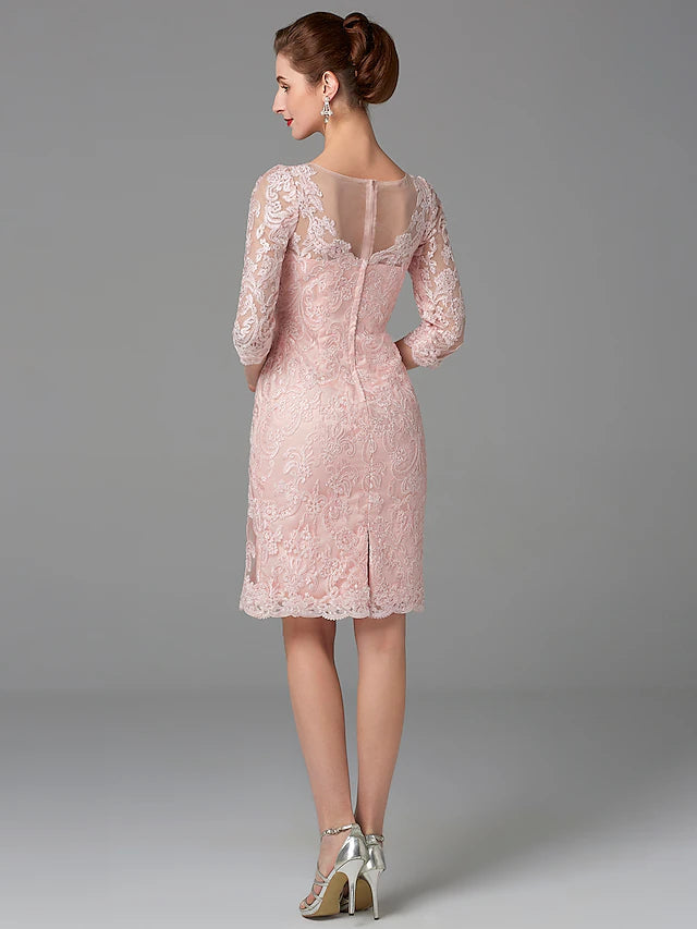 Luolandi Two Piece Sheath / Column Mother of the Bride Dress Church Sparkle & Shine Jewel Neck Knee Length Chiffon Lace 3/4 Length Sleeve Jacket Dresses with Beading