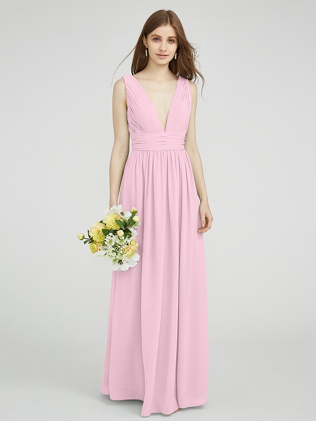 Luolandi Sheath / Column Bridesmaid Dress V Neck Sleeveless Elegant Floor Length Chiffon with Ruched / Side