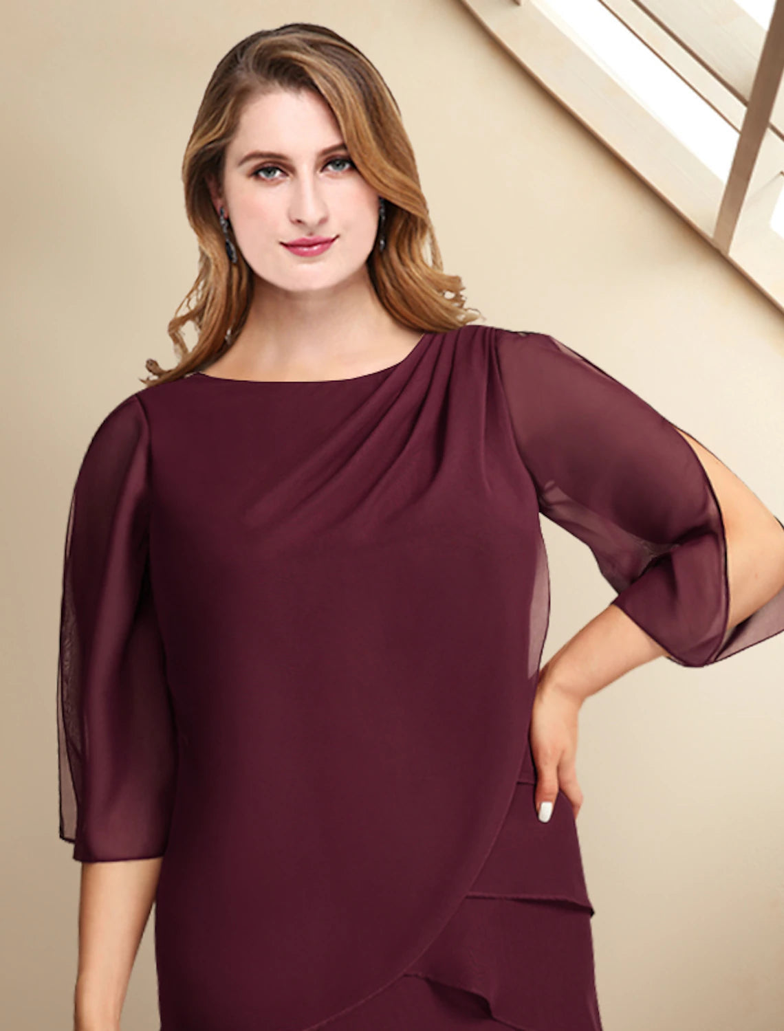 Luolandi A-Line Mother of the Bride Dresses Plus Size Hide Belly Curve Elegant Dress Formal Ankle Length Half Sleeve Jewel Neck Chiffon