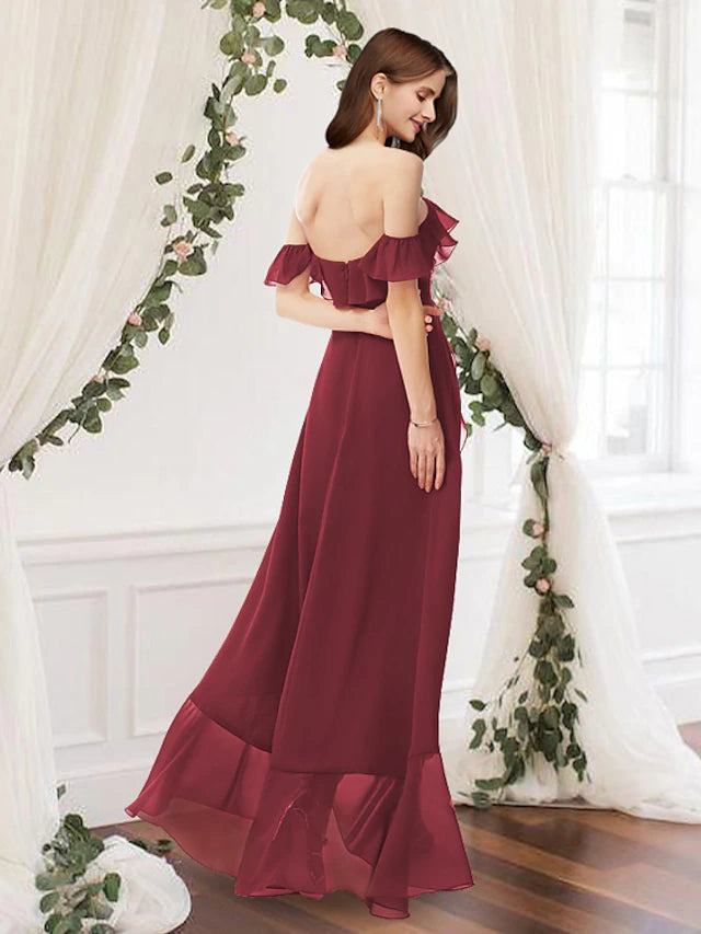Luolandi A-Line Bridesmaid Dress Off Shoulder Sleeveless Elegant Floor Length Chiffon with Pleats / Ruffles
