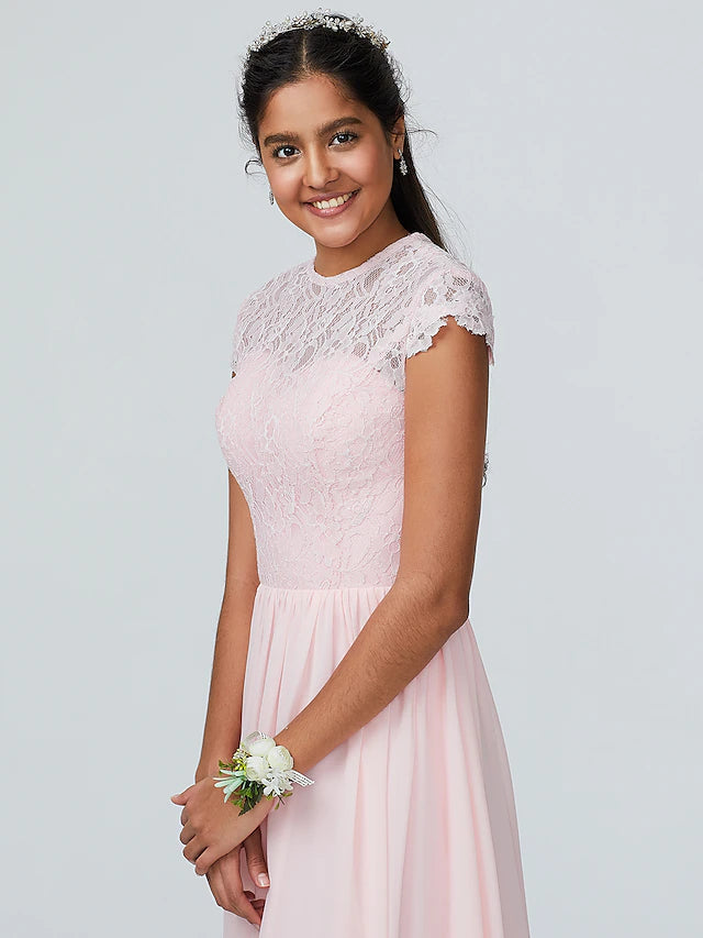 Luolandi A-Line Bridesmaid Dress Jewel Neck Sleeveless Elegant Floor Length Chiffon with Lace Sparkle & Shine