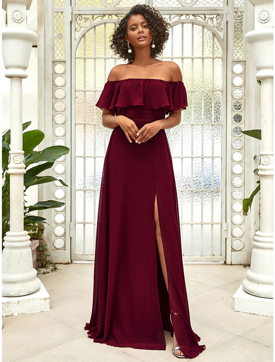 Luolandi A-Line Bridesmaid Dress Off Shoulder Sleeveless Elegant Floor Length Chiffon with Ruffles / Draping