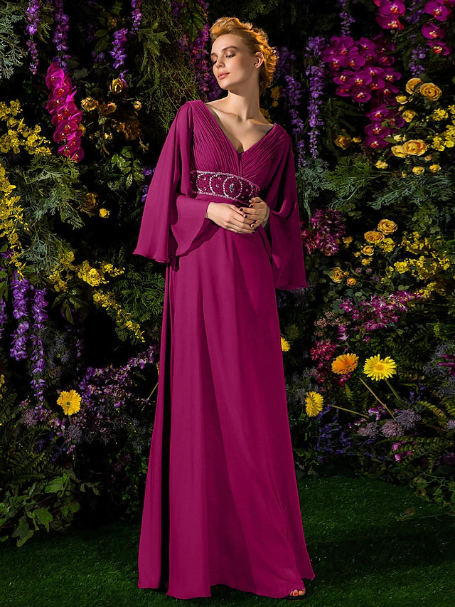 Luolandi A-Line Mother of the Bride Dress Vintage Inspired V Neck Floor Length Chiffon Long Sleeve with Crystals Beading