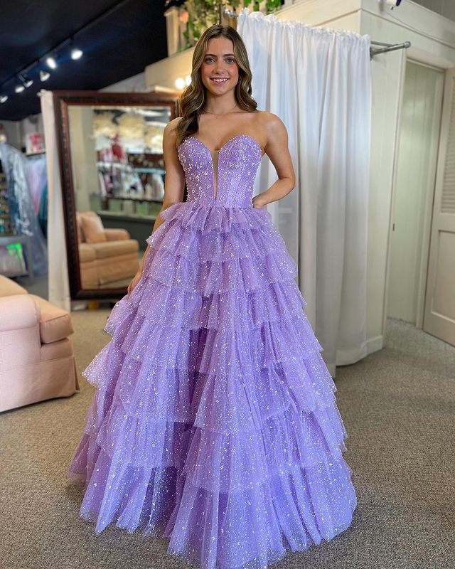 Luolandi Ball Gown Sweetheart Tulle Tiered Ruffle Prom Dress Off Shoulder Sexy Sparkly