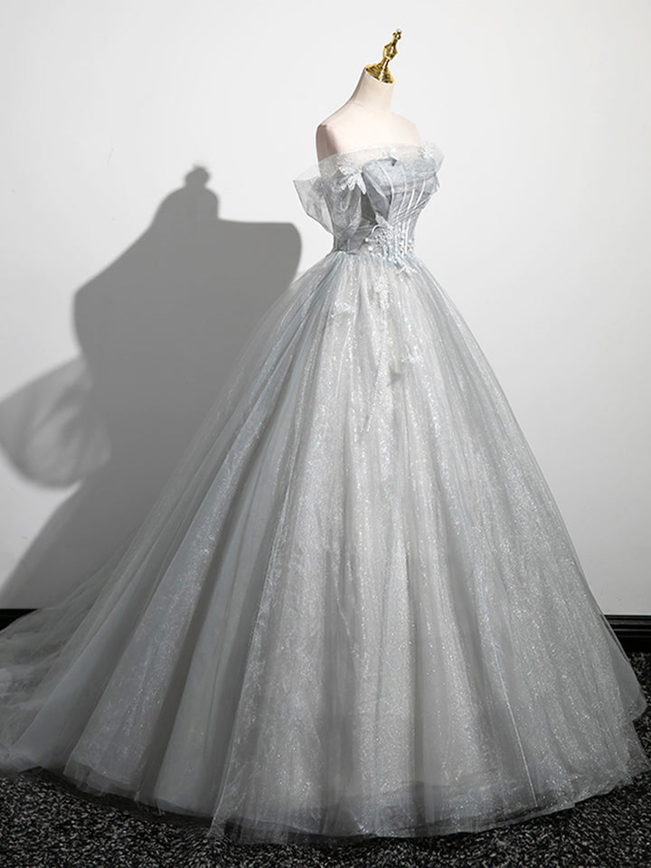 Luolandi A-Line Off the Shoulder Sparkly Prom Dress Gray Tulle Corset Floor Length Evening Dress Beautiful