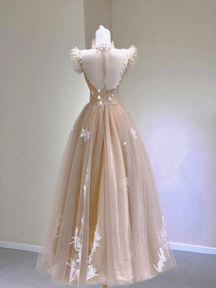 Luolandi Champagne Lace Tea Length Prom Dresses A-Line Evening Dresses Without Neck accessories