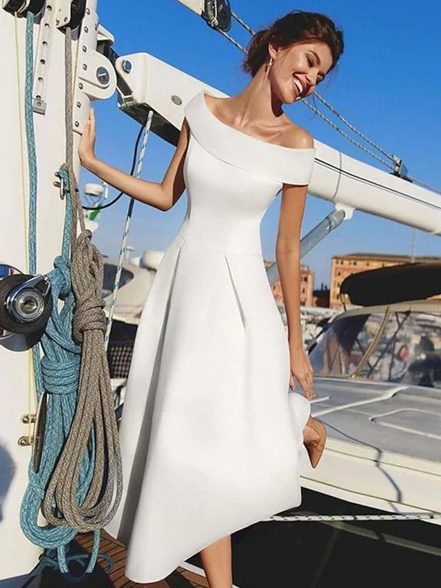 Luolandi A-Line Minimalist Holiday Cocktail Party Dress Off Shoulder Short Sleeve Ankle Length