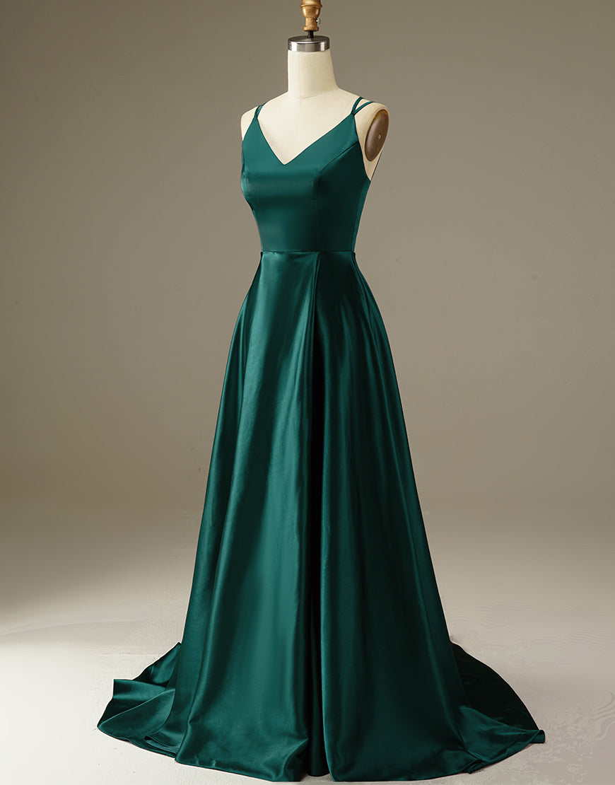 Luolandi Dark Green Satin Long Simple Prom Dress V-neck Sexy Evening Dress Party Dress