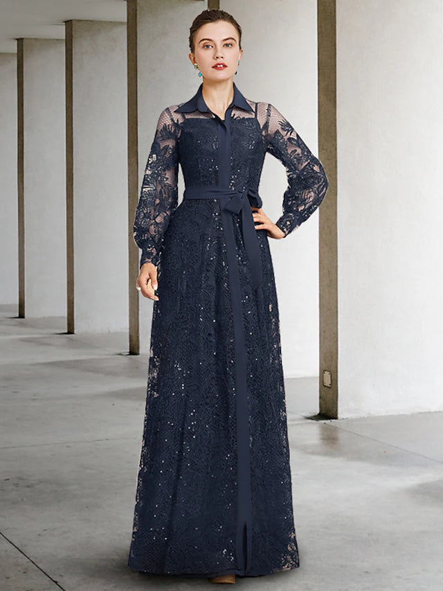Luolandi A-Line Mother of the Bride Dress Elegant Jewel Neck Floor Length Chiffon Lace Long Sleeve with Pleats