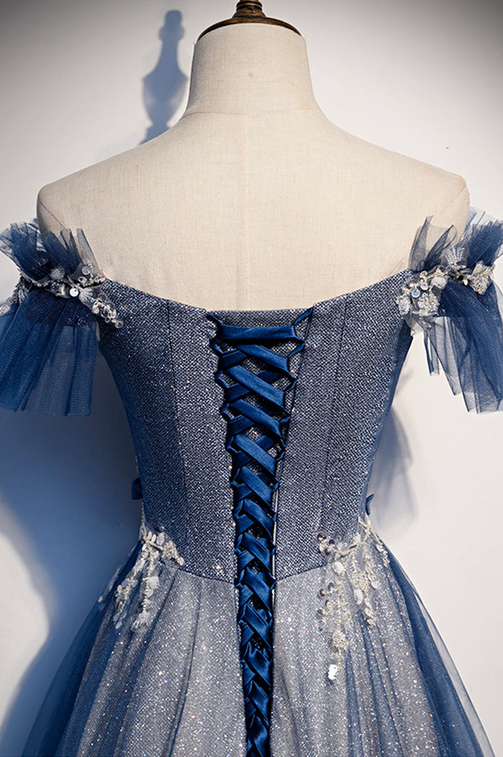 Luolandi Blue Tulle Sequins Long Prom Dress A-Line Evening Dress Off Shoulder