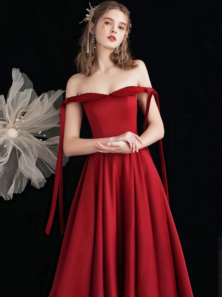 Luolandi Burgundy Satin Long Prom Dress Beautiful A-Line Off the Shoulder Evening Party Dress Sexy