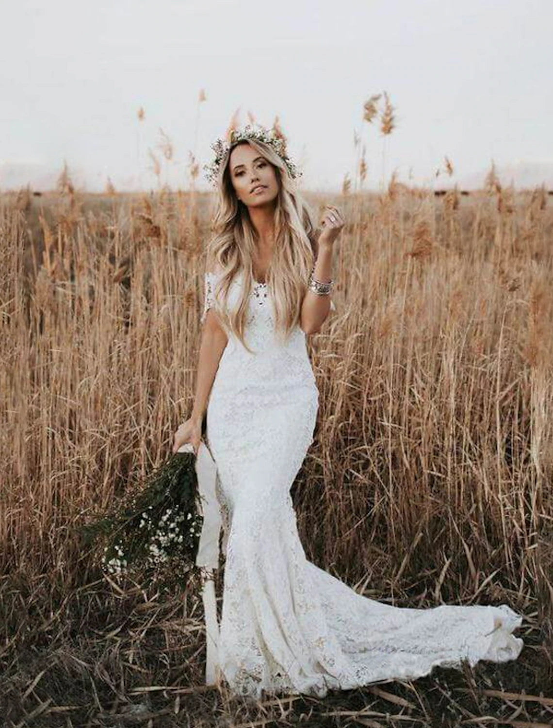 Luolandi Beach Boho Wedding Dresses Mermaid / Trumpet Off Shoulder Cap Sleeve Chapel Train Lace Bridal Gowns With Appliques