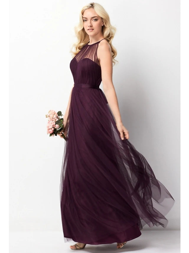 Luolandi A-Line Bridesmaid Dress Halter Neck Sleeveless Elegant Floor Length Chiffon / Tulle