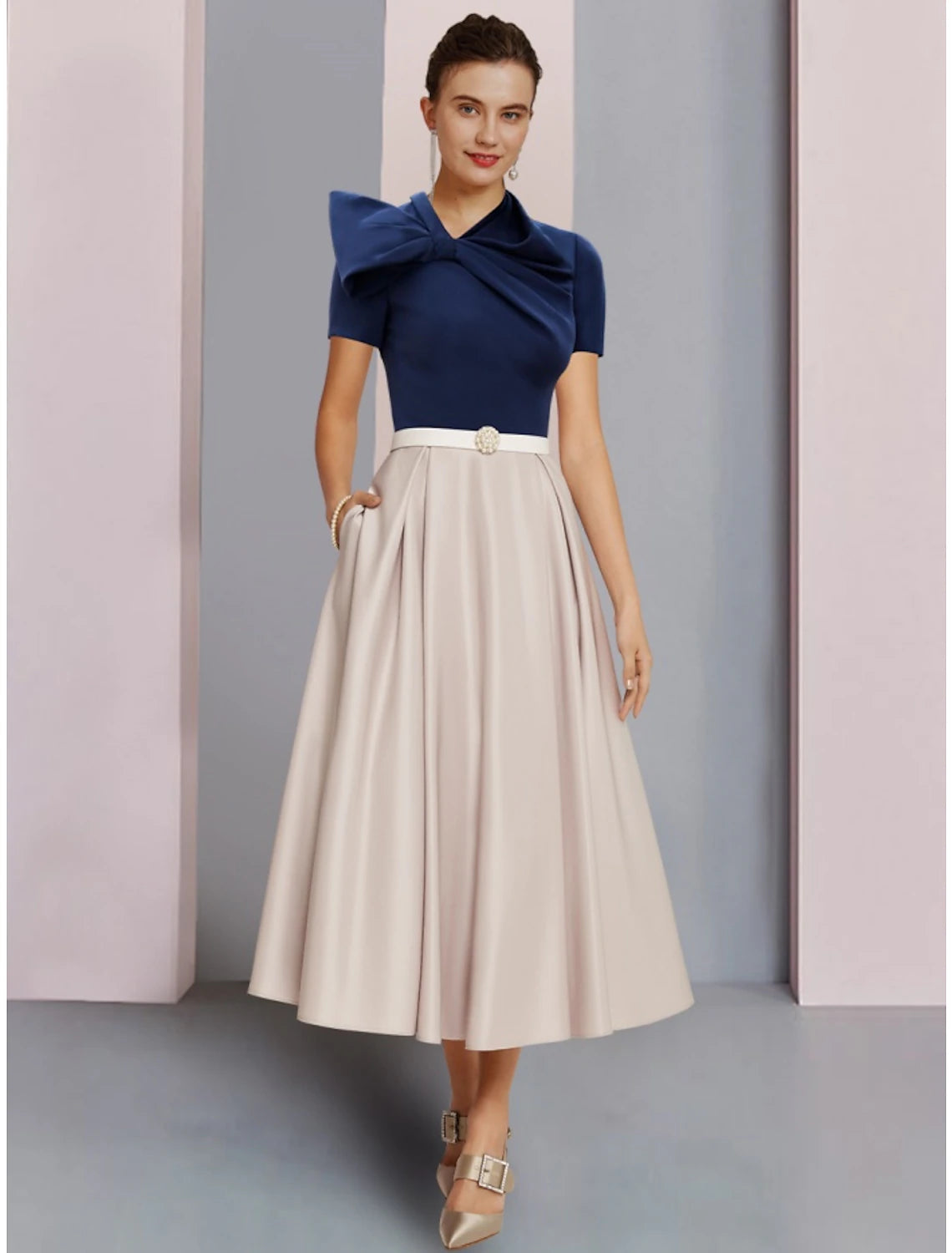 Luolandi A-Line Mother of the Bride Dress Wedding Guest Elegant Jewel Neck Tea Length Satin Short Sleeve with Bow(s)