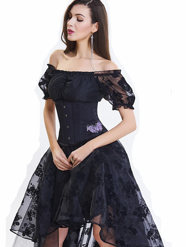 Luolandi A-Line Prom Dresses Vintage Dress Masquerade Asymmetrical Short Sleeve Off Shoulder Lace with Embroidery