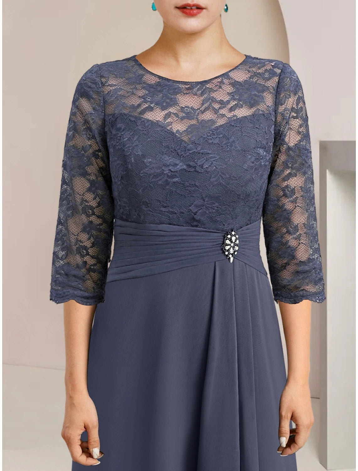 Luolandi A-Line Mother of the Bride Dress Wedding Guest Elegant Jewel Neck Asymmetrical Chiffon Half Sleeve with Lace Crystal Brooch