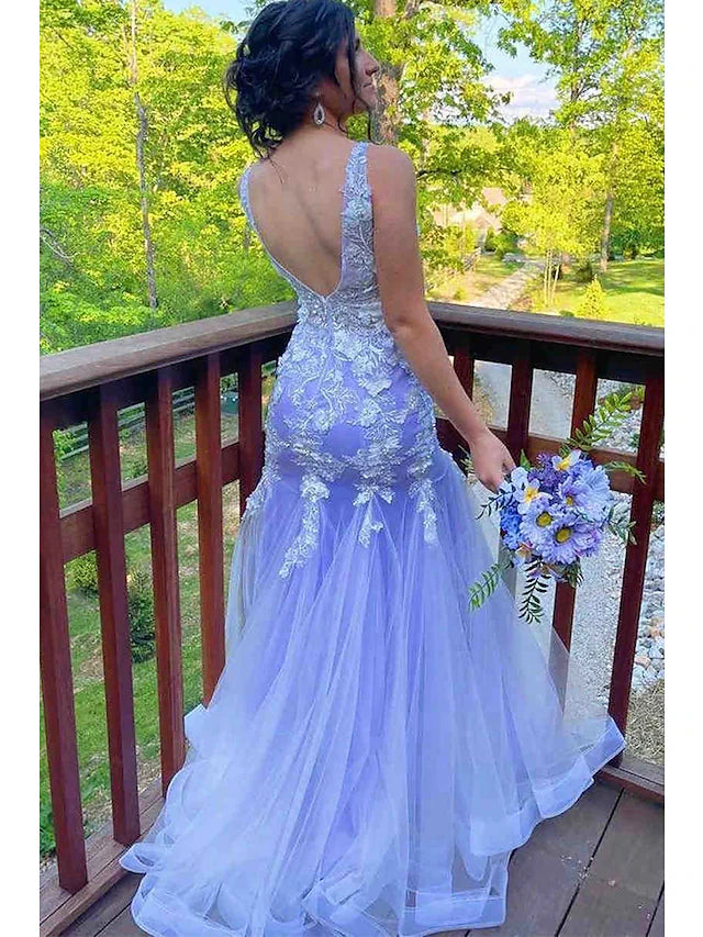 Luolandi Mermaid / Trumpet Prom Dresses Floral Dress Formal Sweep / Brush Train Sleeveless V Neck Tulle with Ruffles
