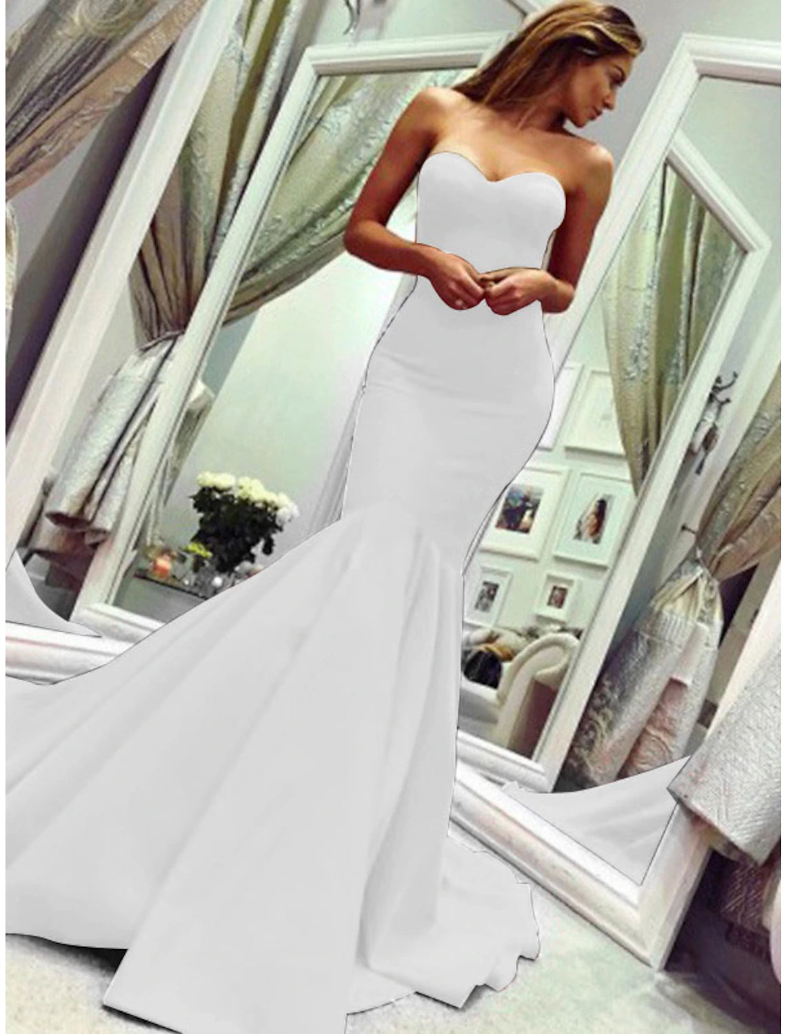 Luolandi Mermaid Party Dress Minimalist Sexy Wedding Guest Formal Evening Valentine‘s Day Dress Strapless Sleeveless Court Train Fabric