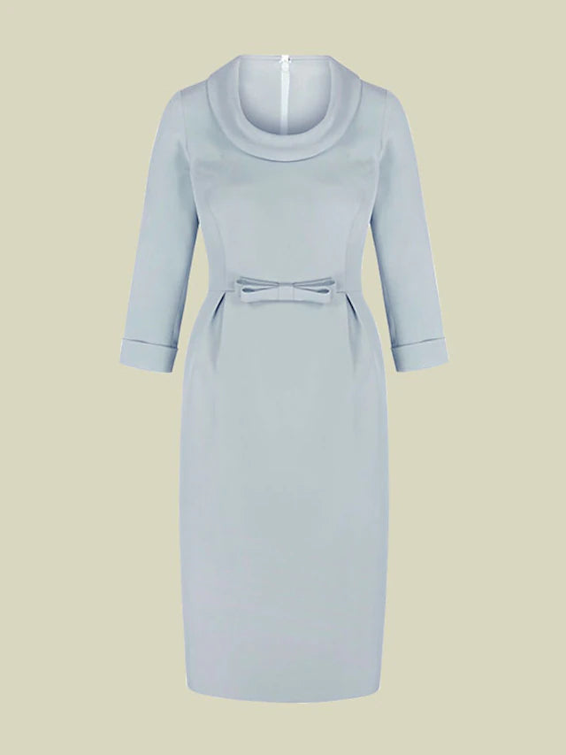 Luolandi Sheath / Column Mother of the Bride Dress Elegant Jewel Neck Tea Length Italy Satin 3/4 Length Sleeve with Bow(s)
