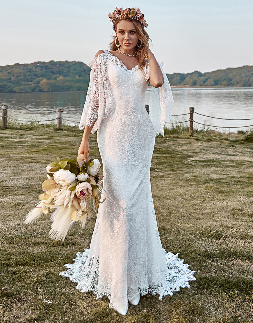 Luolandi Ivory Lace Cold Shoulder Mermaid Cape Sleeves Boho Wedding Dress Beautiful