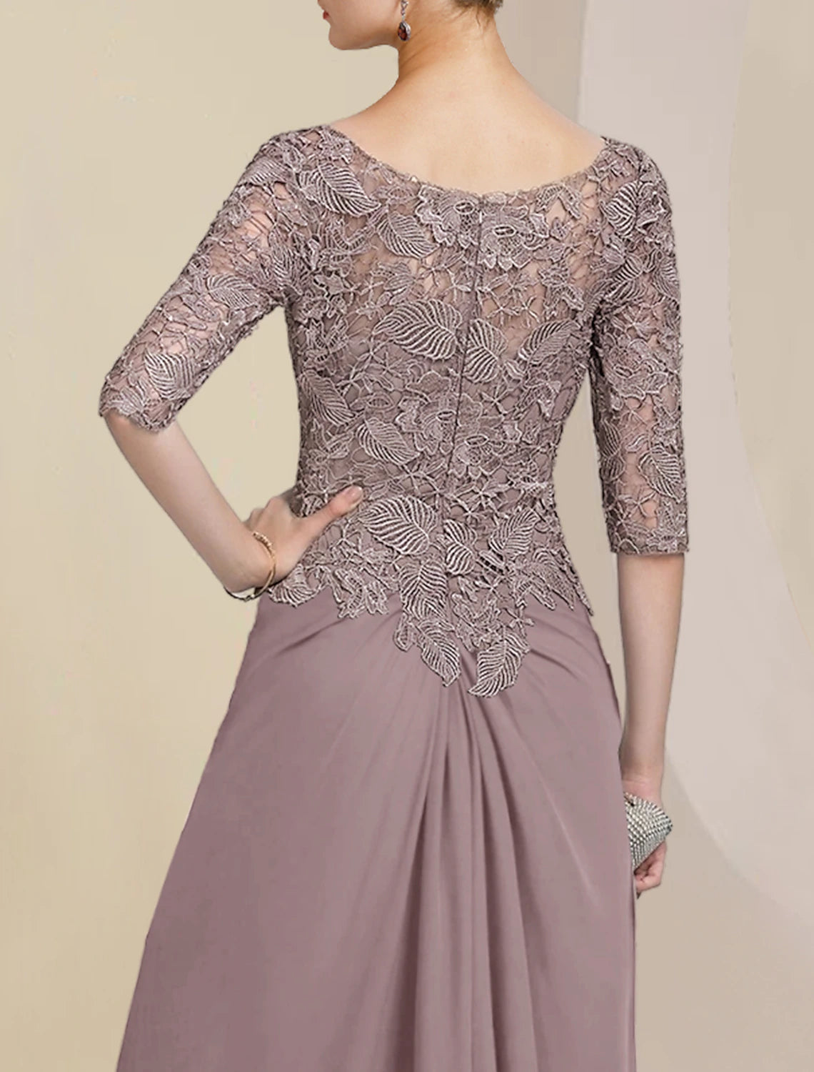 Luolandi Sheath / Column Mother of the Bride Dress Formal Wedding Guest Elegant Scoop Neck Floor Length Chiffon Lace Half Sleeve