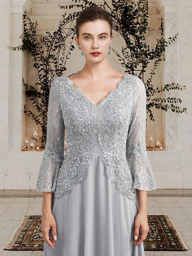 Luolandi A-Line Mother of the Bride Dress Plus Size Elegant V Neck Floor Length Chiffon Lace 3/4 Length Sleeve with Appliques