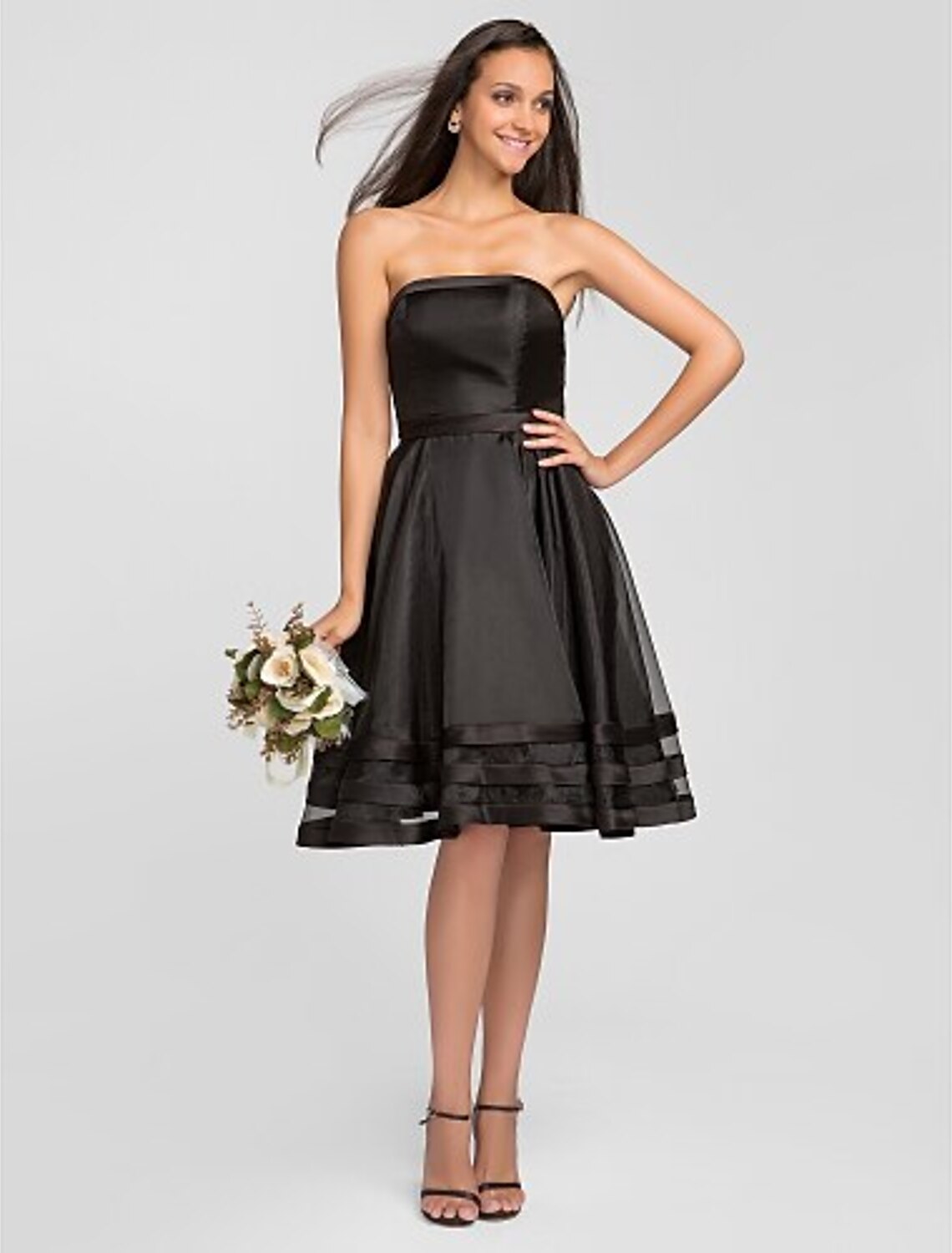 Luolandi A-Line Strapless Knee Length Organza Bridesmaid Dress with Pleats Ruffles