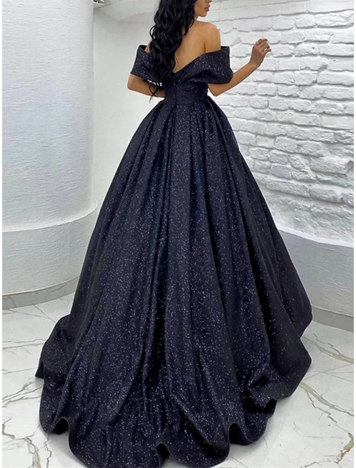 Luolandi A-Line Prom Dresses Elegant Dress Tie Gala Sweep / Brush Train Short Sleeve Off Shoulder Sequined Sparkly Evening Dress