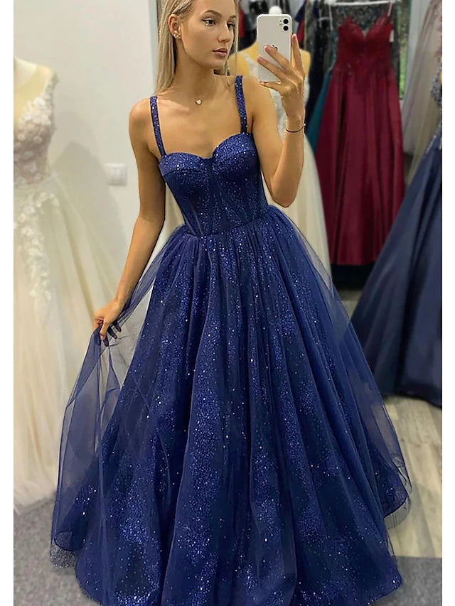 Luolandi Ball Gown A-Line Prom Dresses Sparkle & Shine Dress Formal Floor Length Sleeveless Sweetheart Tulle Backless with Glitter